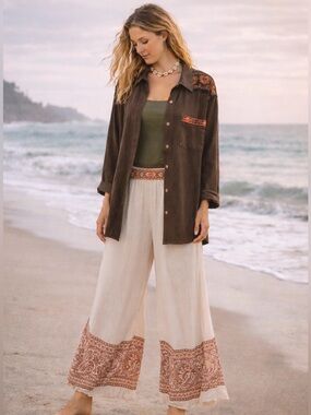 Rhea Boho Southwestern Embroidered Button Down~Brown Festival Fall~Size XL~NWT